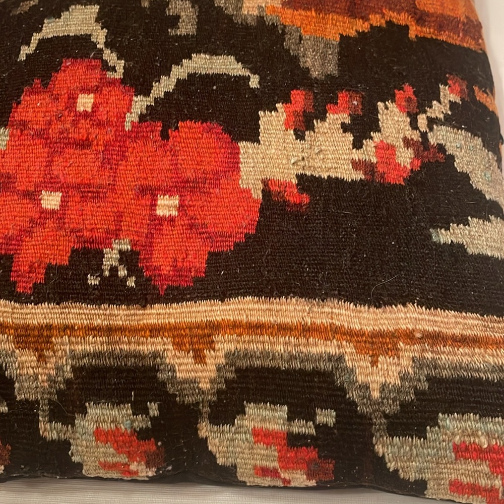 Large Floral Pillow Made from a Vintage Hand Woven Old Kilim Rug From Turkey - Picture 4 of 9